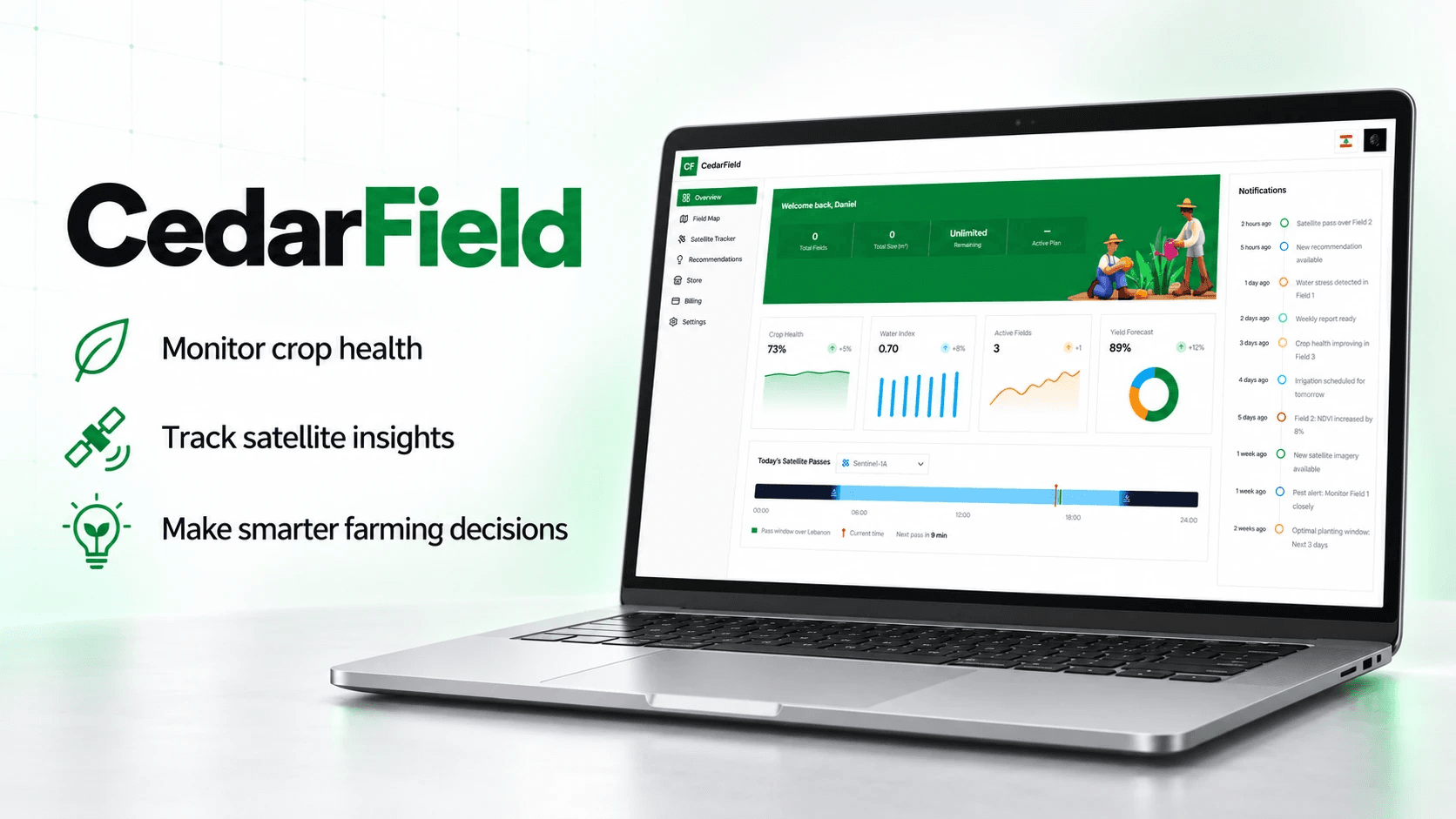CedarField product banner: the logo over the lines ‘Monitor crop health’, ‘Track satellite insights’ and ‘Make smarter farming decisions’, beside a laptop showing the dashboard with crop health, water index and yield forecast cards and a satellite pass timeline