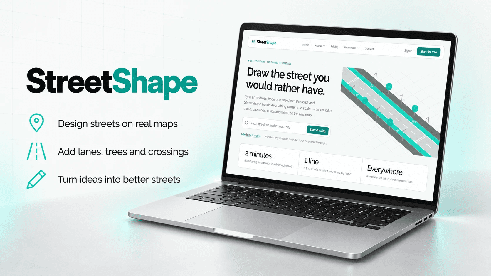 StreetShape product banner: the logo over the lines ‘Design streets on real maps’, ‘Add lanes, trees and crossings’ and ‘Turn ideas into better streets’, beside a laptop showing the editor’s landing page with an isometric street laid over a map